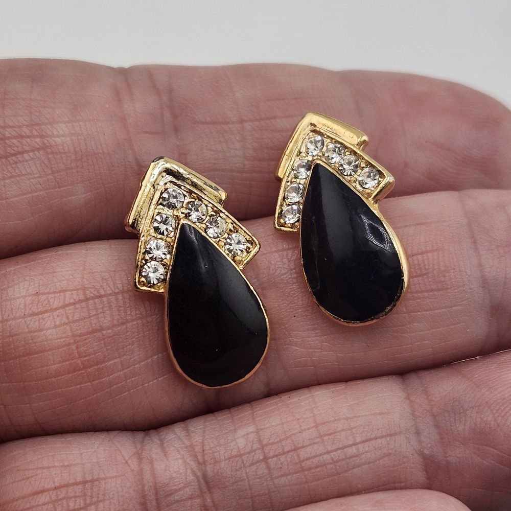 Vintage Black Enamel Gold Tone Pierced Earrings